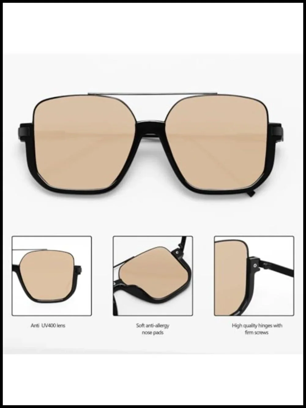 Retro Oversized Aviator Sunglasses Square Double Bridge Pilot 70s Trendy Shades